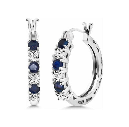14K White Gold Plated Blue Round Cut Cubic Zirconia Men Women Hoop Earrings